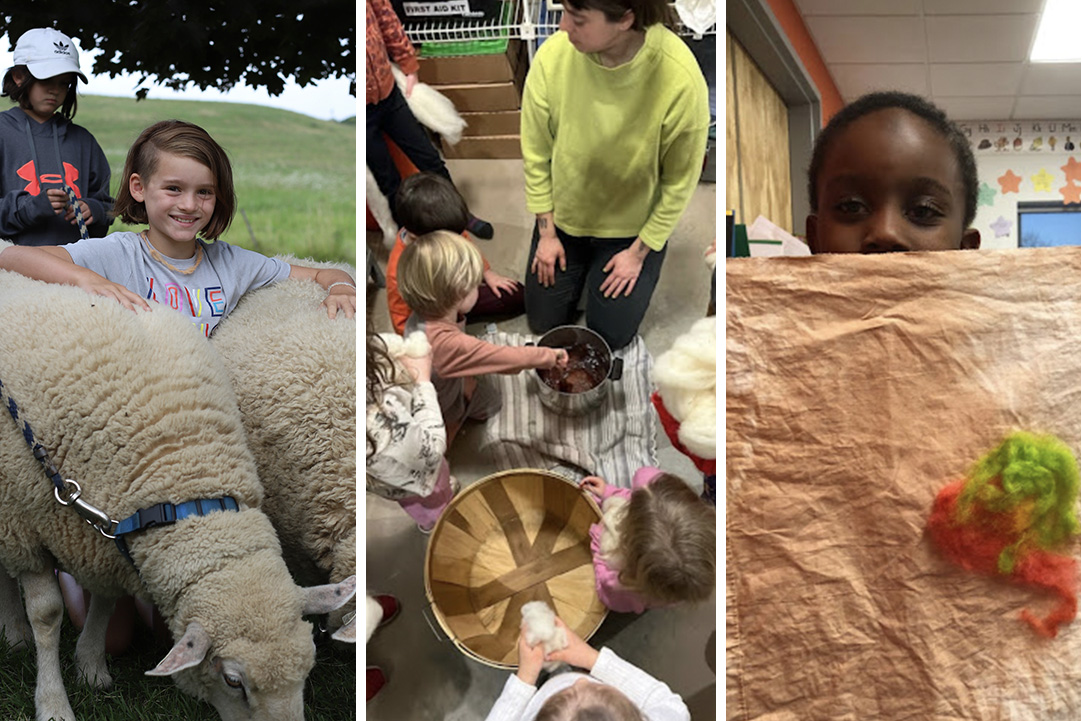 A collage of three images of children with sheep and dyeing fabric