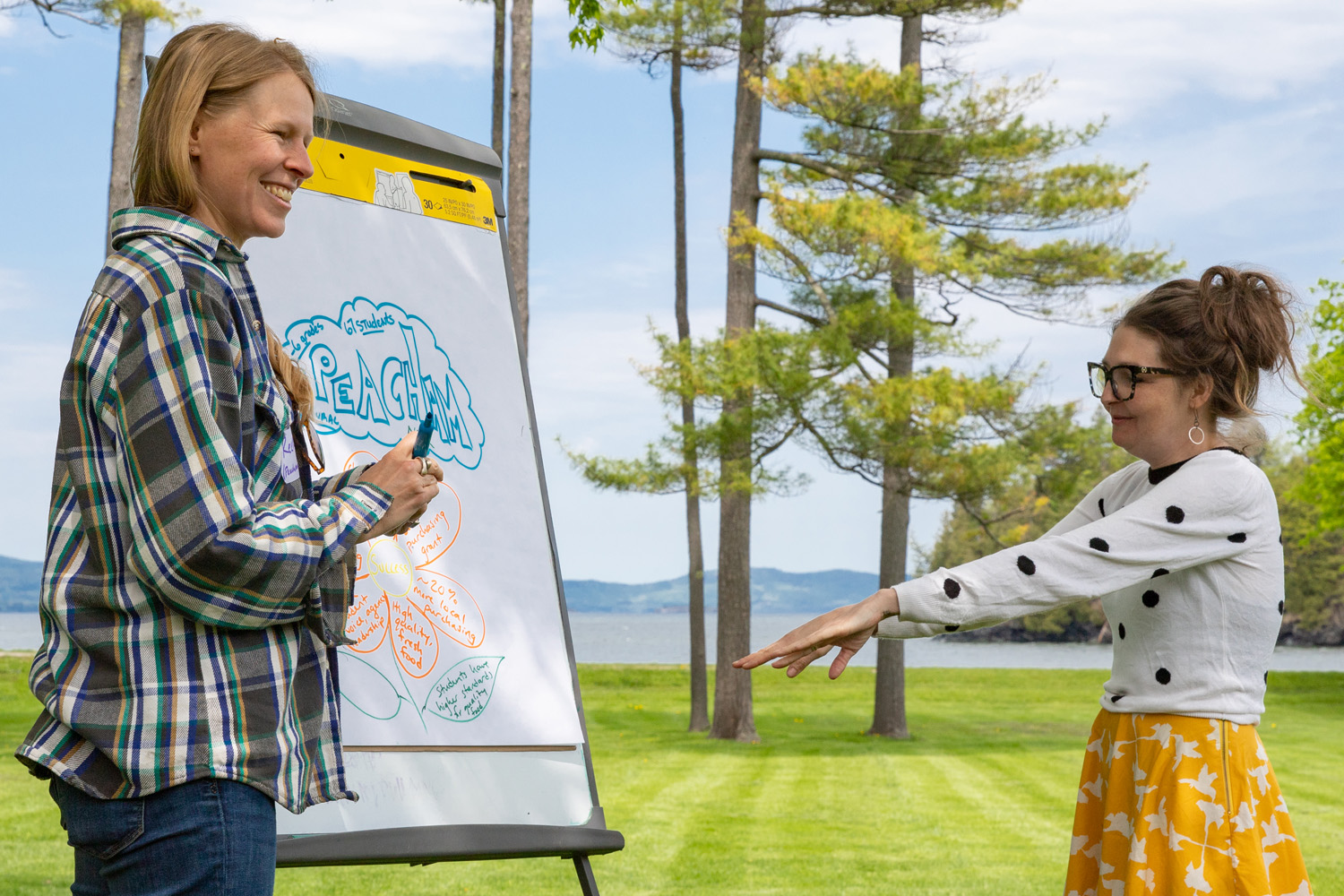 Two educators smile and collaborate on an action plan, illustrated in bright colors on a large flipchart