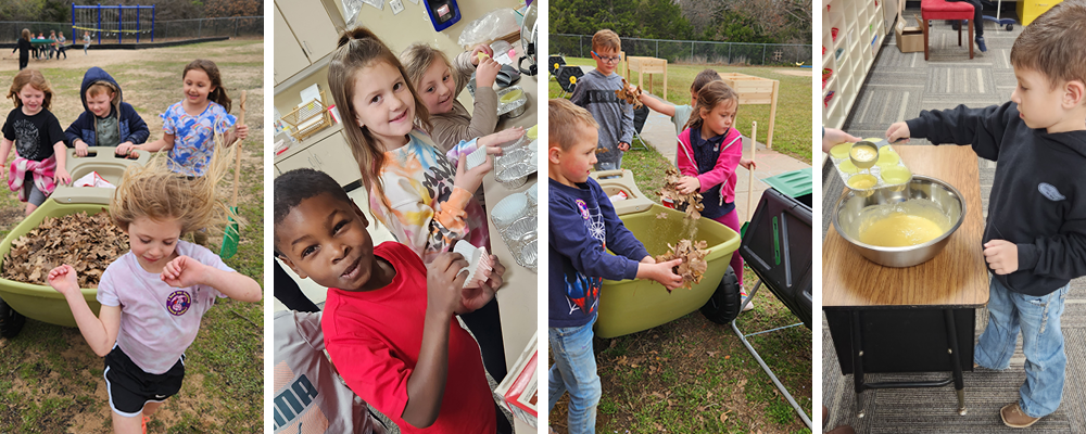 A series of four photos of kids cooking in the classroom and composting outdoors.