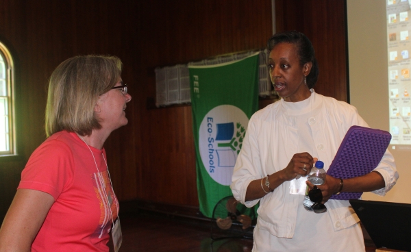 Lesley-Ann Dupigny-Giroux (right), Vermont State Climatologist, chats with a teacher at this summers Education for Sustainability Institute