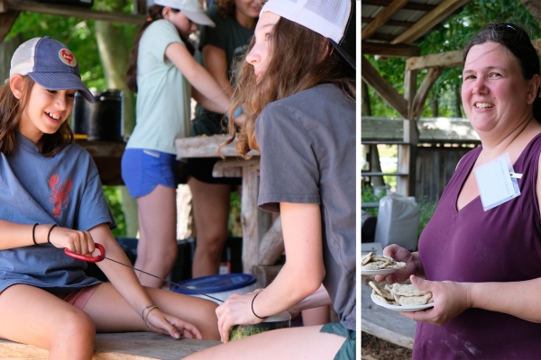 You can make this herb schmear anywhere by using a manual food processor like these campers did. Campers and educators make pesto and mini flatbreads in outdoor kitchen
