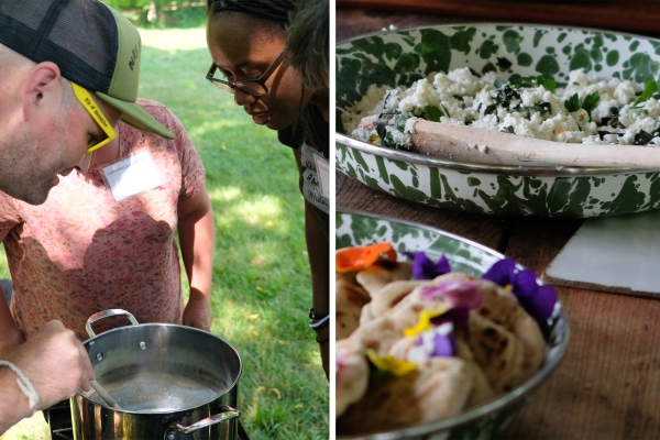 Educators in the Cultivating Joy and Wonder workshop made fresh farmerâs cheese on an outdoor stove. At right, the finished product is presented alongside mini flatbreads. Educators make and serve fresh farmer's cheese in outdoor kitchen