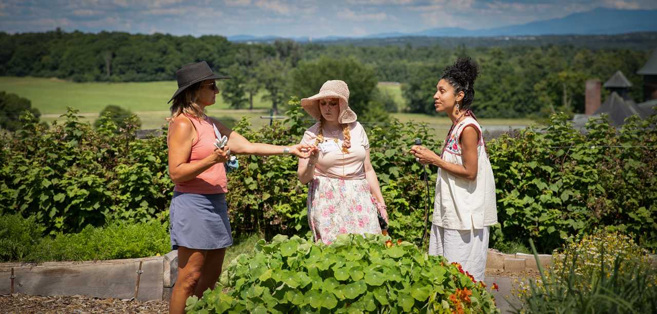 Three women stand in a garden, holding and inspecting flowers, with a sweeping view of rolling fields and green mountains in distance 