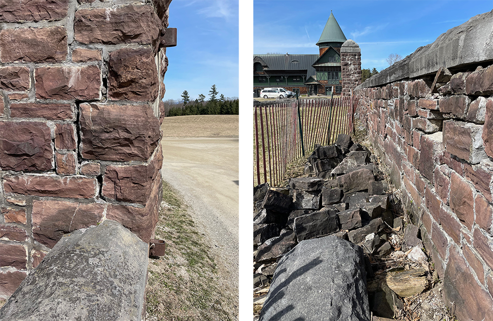 two photos: closeup of redstone all showing failing mortar and some redstones falling out