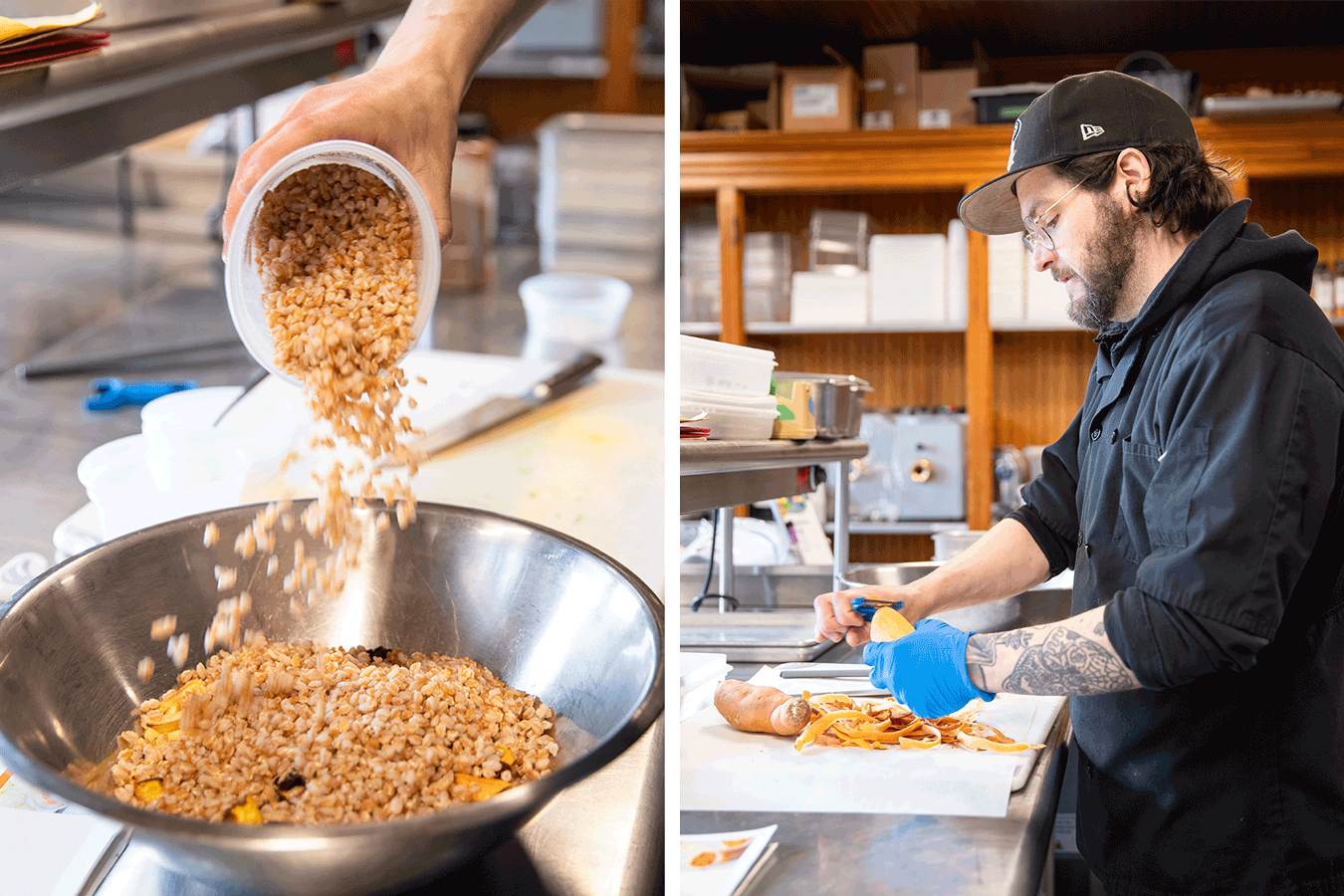 Left image: A person pours cooked wheat berries into a mixing bowl. Right image: A chef peels sweet potatoes.