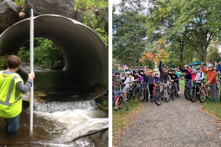 A collage of images of a student standing in a culvert full of water and a large group of cyclists posing for camera
