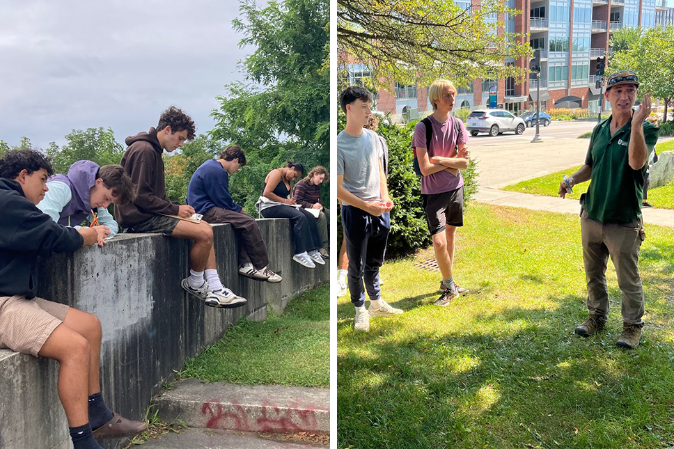 A collage of two images: High school aged students write in notebooks while sitting on a low wall in a park; two students listen to a park ranger's presentation while standing in a grassy park alongside a city street