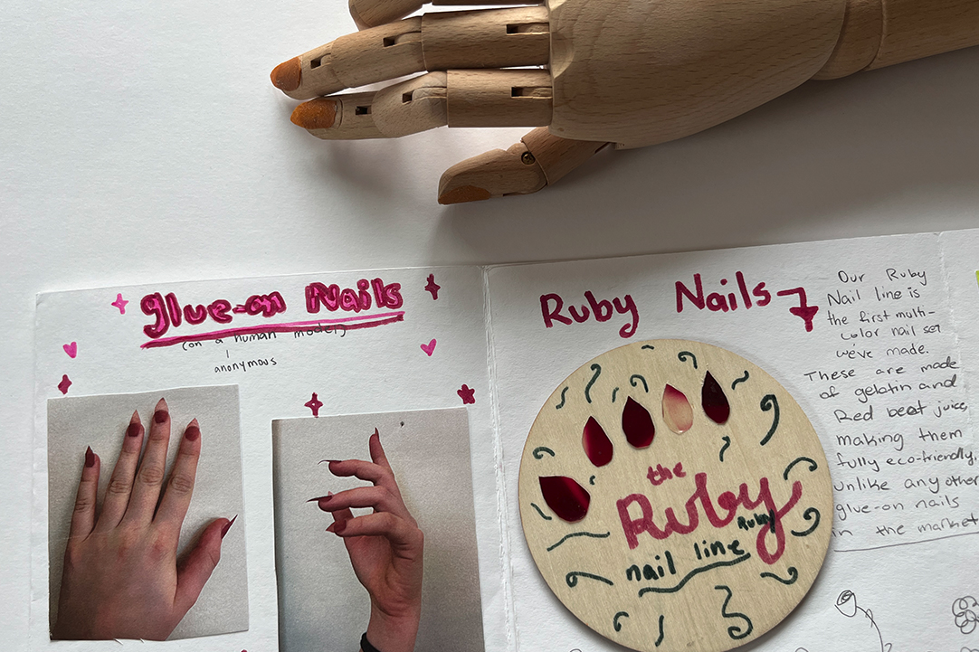 A student presentation depicting ecofriendly glue on nails