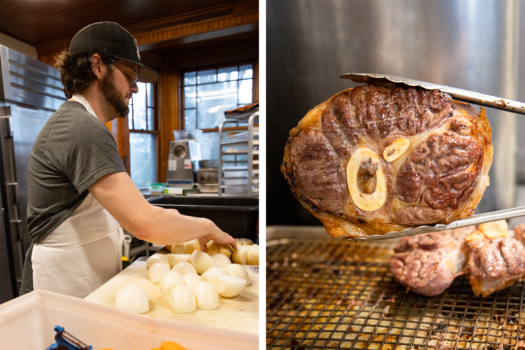 Left: A chef processes onion. Right:  Close-up view of a roasted beef shank with a bone marrow section, glistening as it is held up by tongs.