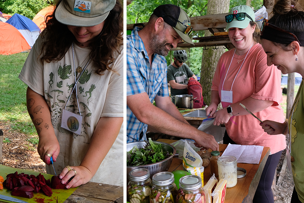 Two images depicting adults preparing vegetables in an outdoor kitchen