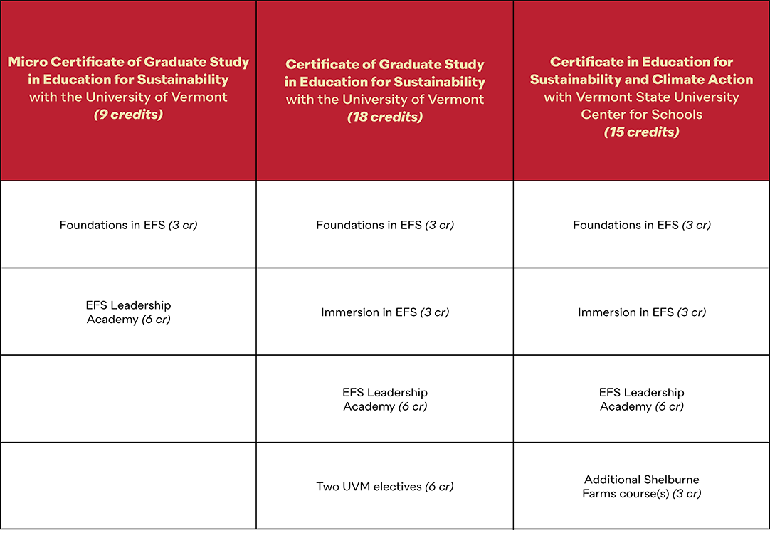 Chart outlining requirements for three certificate programs