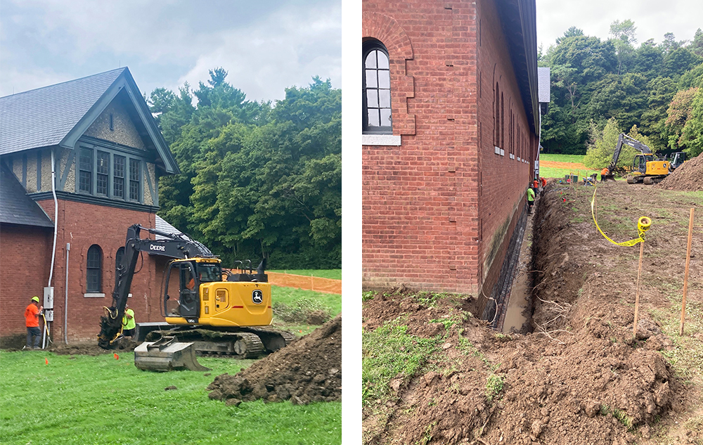 Two photos: left: excavator digging perimeter of brick building; right: close up of perimeter pit