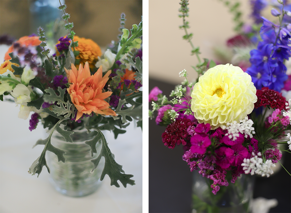 two photos side by side, each a closeup of a flower bouquet featuring dahlias