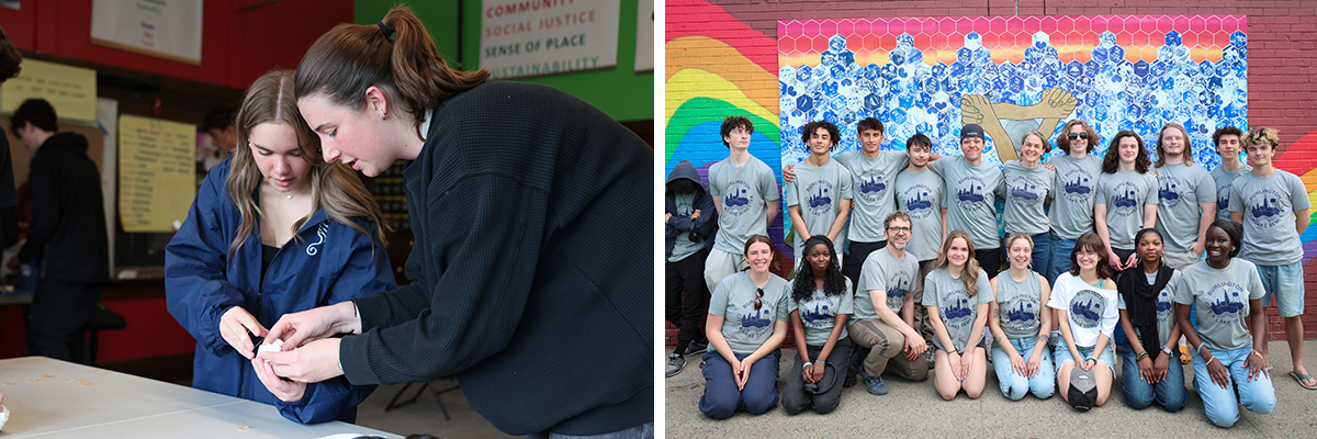 A collage of two images depicting two young people working together over a table and a group of twenty young people posing in front of a colorful mural on a brick wall