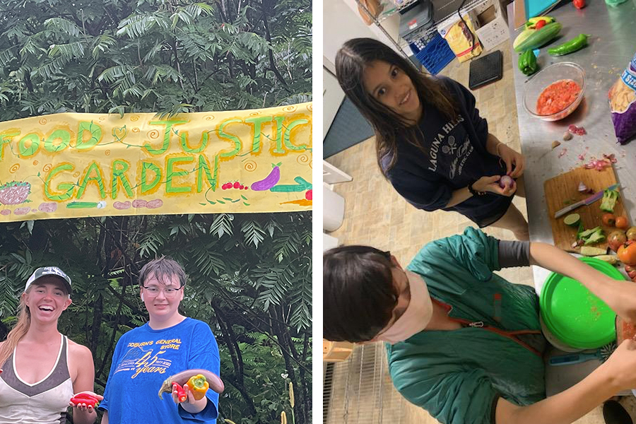 Students pose with harvested vegetables in front of a sign that reads Food Justice Garden and prepare the vegetables in a kitchen