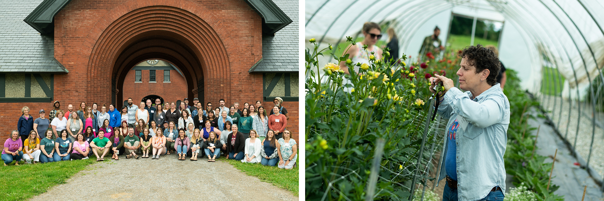 A collage of two images: A large group photo of adults in front of a brick building in summertime, and an adult taking close-up photos of flowers in a greenhouse