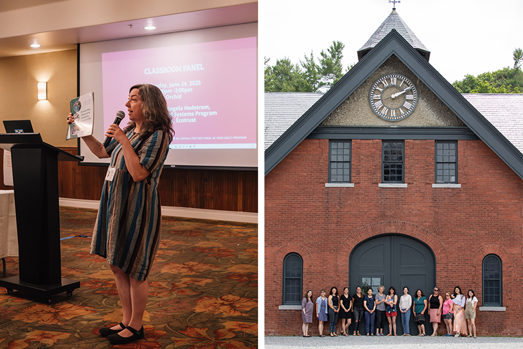Left: A woman stands at a podium, holding up a book. Right: A group of adults stand in front of a large brick building.