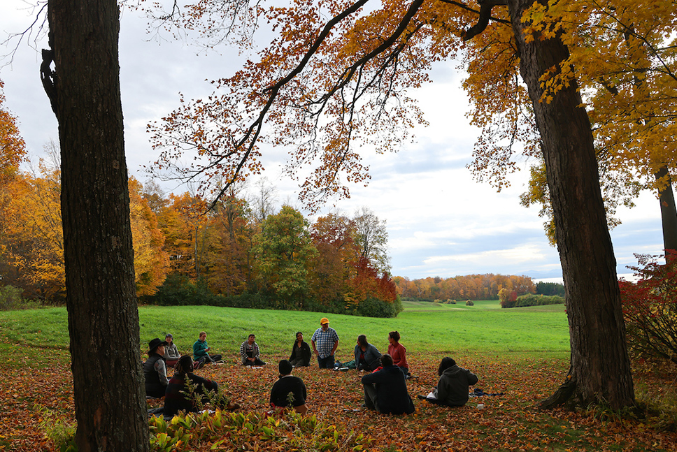 group of people sitting in semicircle under a tree in a field, surrounded by fall leaves