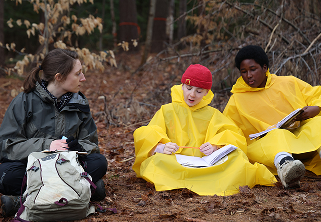 A teacher and two middle aged school students in yellow ponchos talk while sitting on the forest floor