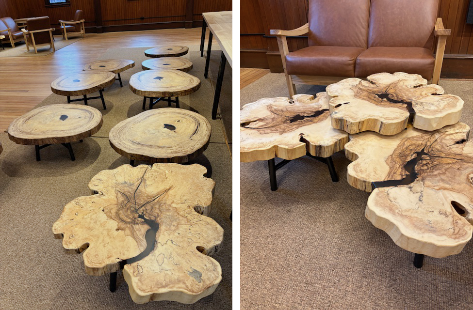 2 photos, both showing small coffee tables with wood tops. Some are round, a few are cross-sections of wood that have an amoeba shape with lots of folds.