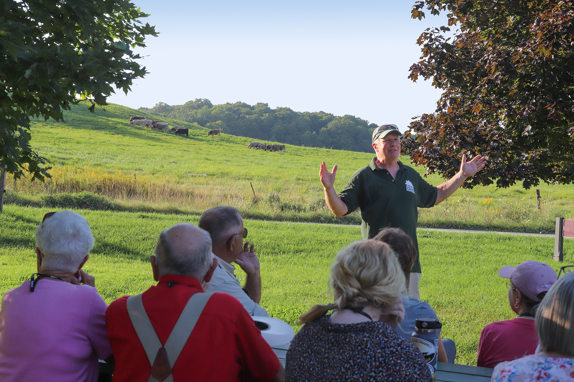 Dairy Manager Sam Dixon talking to audience seated on picnic tables, with grazing cows on pasture behind him.
