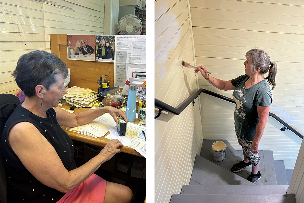 two photos: woman at desk stamping mail and woman painting interior walls