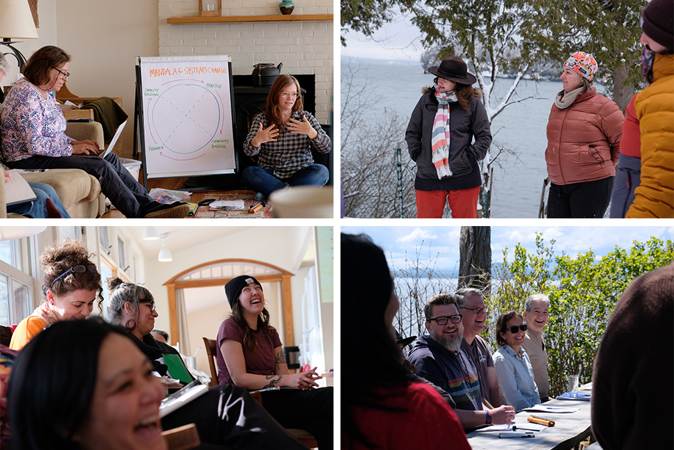 A collage of people at Shelburne Farms retreats throughout the seasons