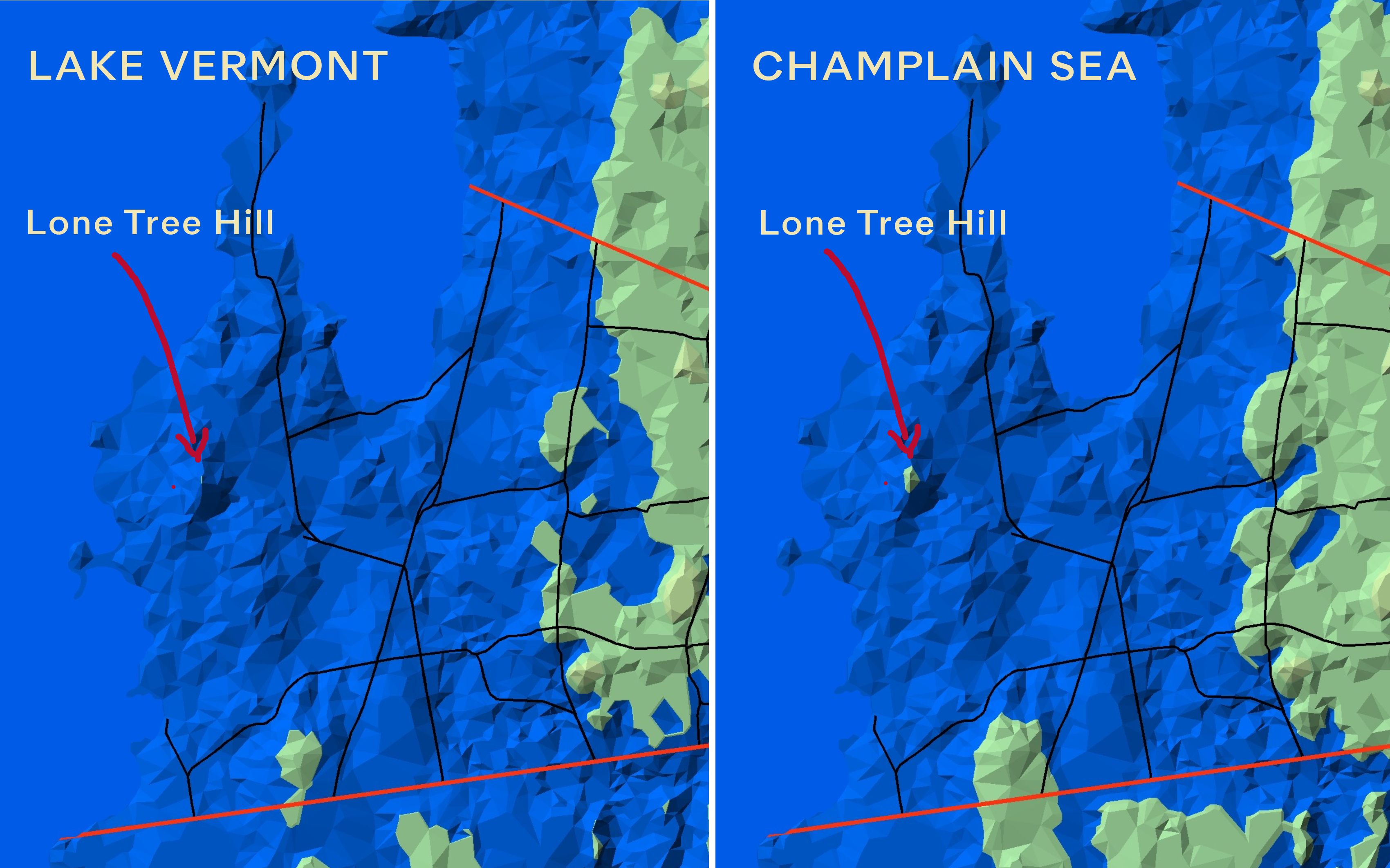 map showing historic shores of Lake Vermont and the Champlain Sea over land of Shelburne Farms