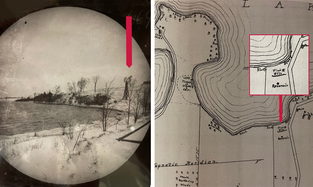 a 1890s photo of snow-covered shoreline with a windmill, paired with an old map 