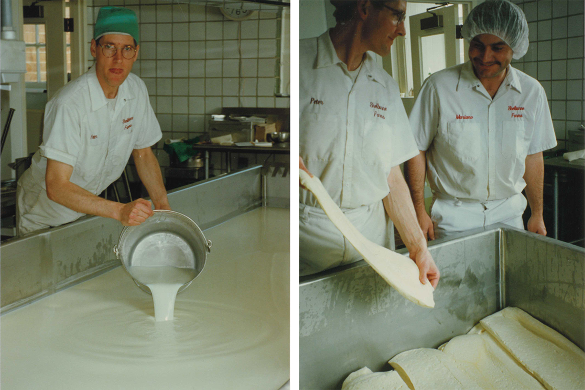 first photo: man pouring rennet into vat of milk; second photo: two men holding slabs of cheddar beside cheese vat.