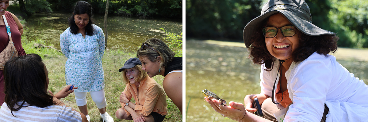 A collage of two images: A small group of adults in discussion next to a pond. On right a woman smiles while holding a frog.