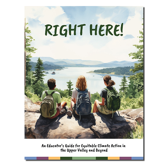 An illustration of three people sitting on a cliff's edge, wearing backpacks, overlooking a lake and forest vista. Title reads, Right Here!