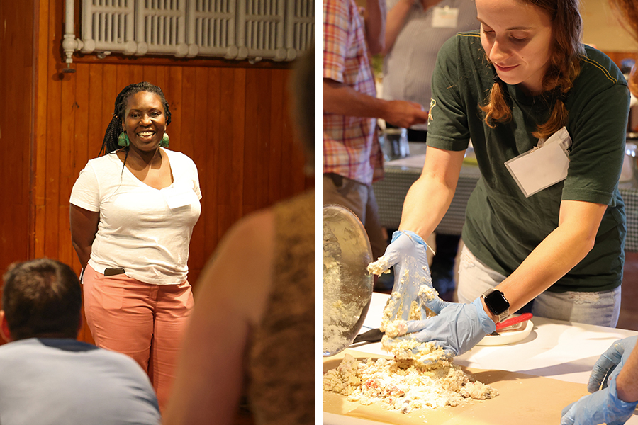 Left, an instructor smiles while speaking to seated group. On right, two women work together making scones.