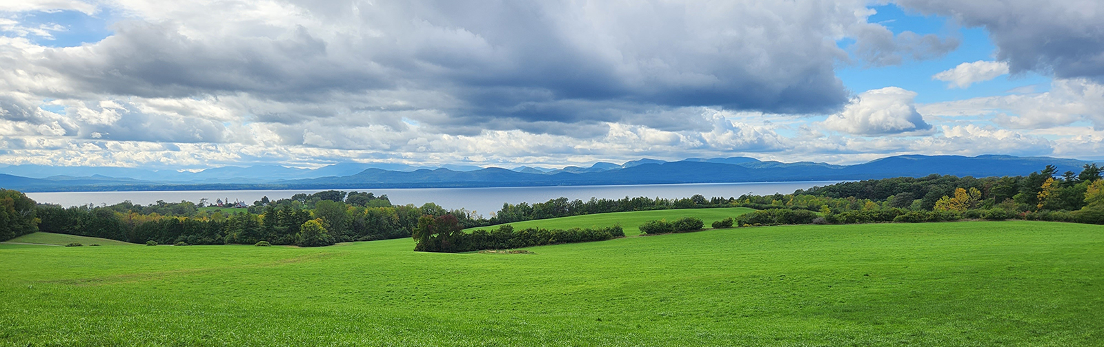 green fields in foreground, blue lake and mountains in background