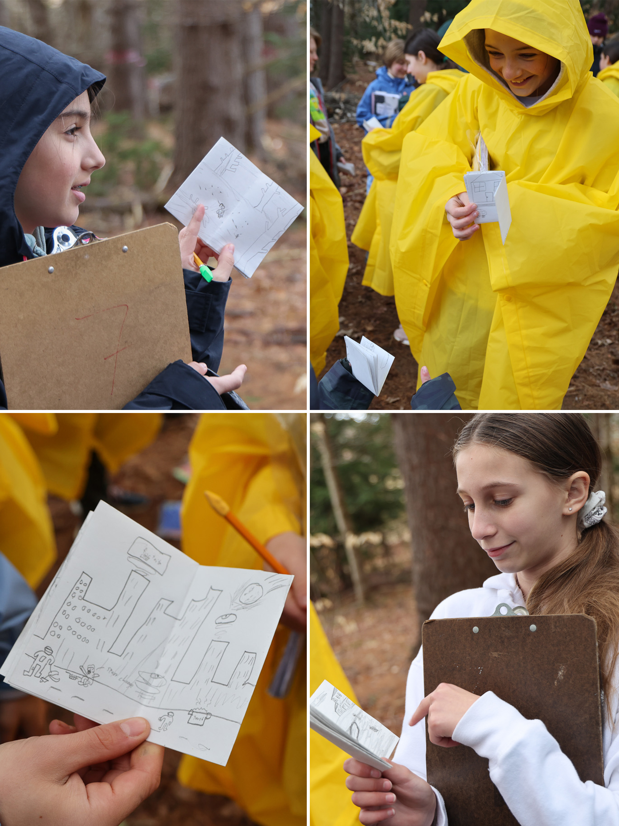 A collage of four images depicting students with journals in the forest