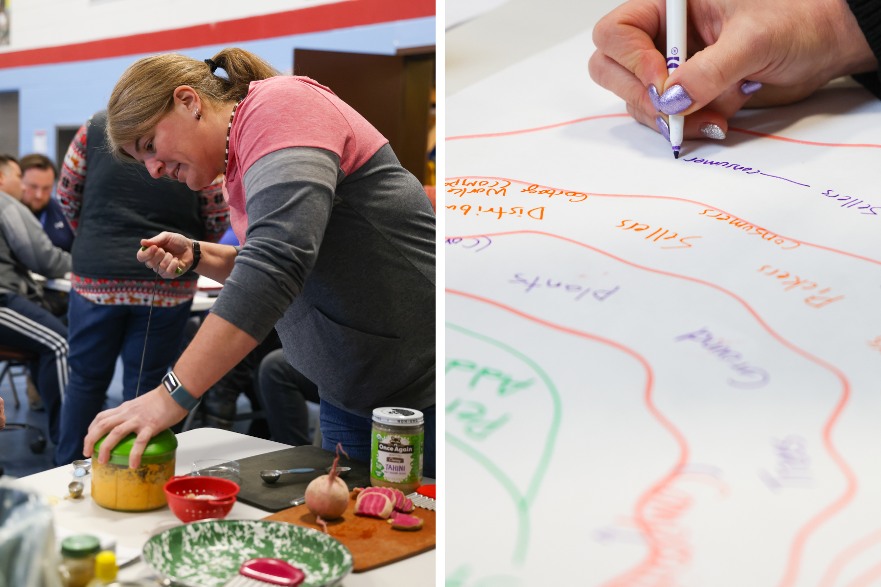 Two images: a teacher uses a manual food processor to make sweet potato hummus. A large sheet of paper with food themed words written with bright colors.