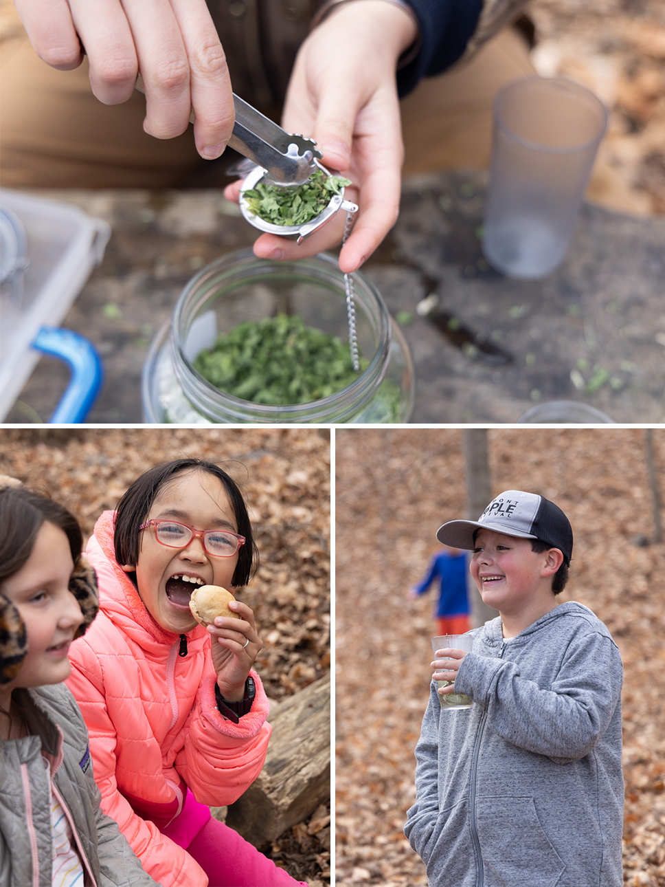 A collage of images depicting tea preparation and young children enjoying tea and bread rolls outdoors