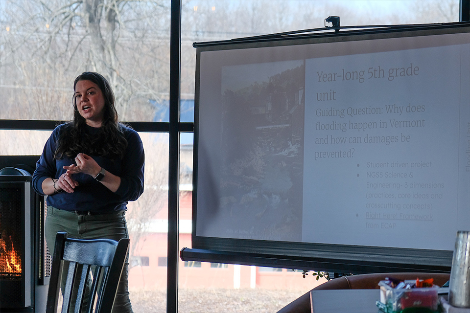 A woman conducts a presentation in front of a large projector screen with a slide reading year long 5th grade unit