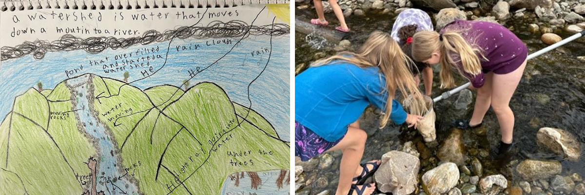 A collage of two images with a student drawing of a watershed and a group of young children inspecting a net standing in a rocky river