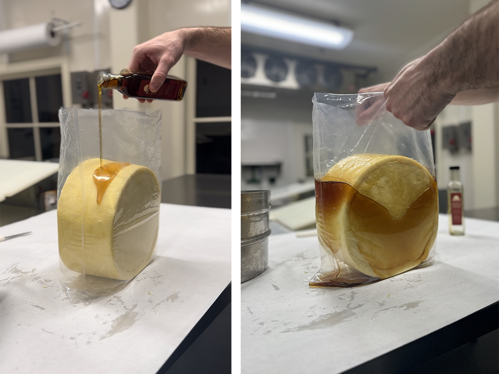 two images side by side: both of hand pouring maple syrup over small wheel of cheese that's inside a plastic bag