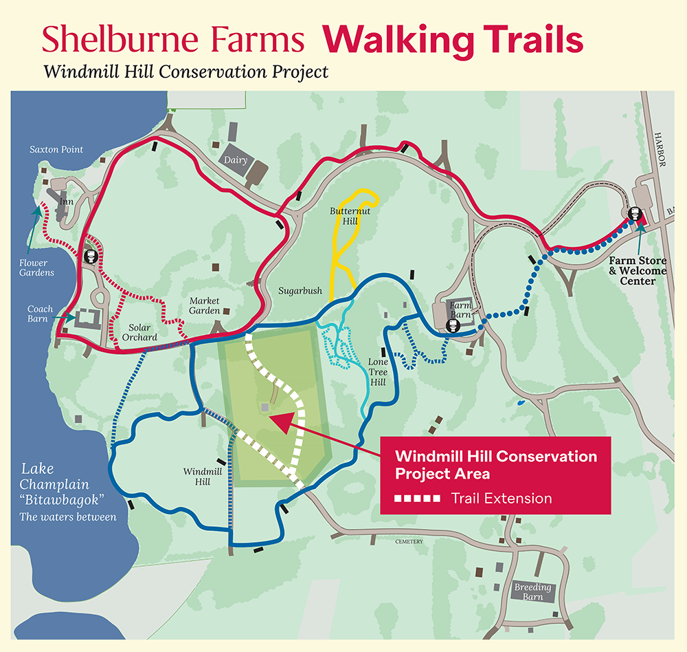 trail map of Shelburne Farms highlighting Windmill area and its new trails