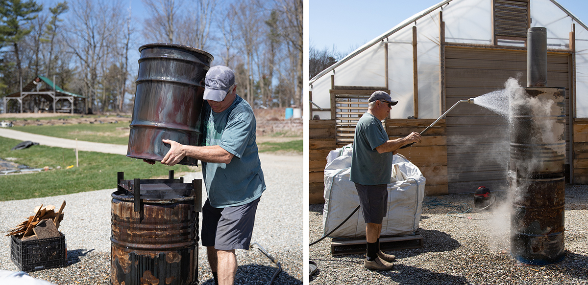 two side-by-side images of man in baseball cap assembling a biochar stove from two barrels and then spraying water on the barrels to cool them down.