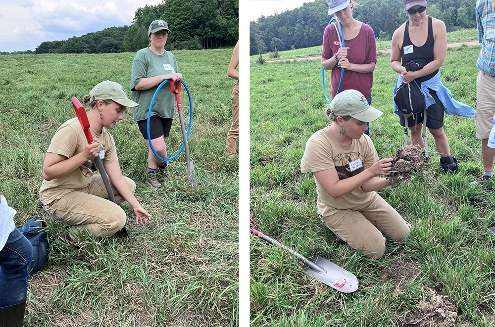 two photos of young woman in cap bending down in pastures with a shovel, digging into the soil and then examining clump of soil, while other people look on.