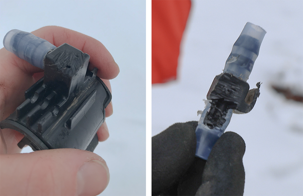 two photos: each is a close-up of the marks of squirrel teeth on sugaring tubing and connector pieces