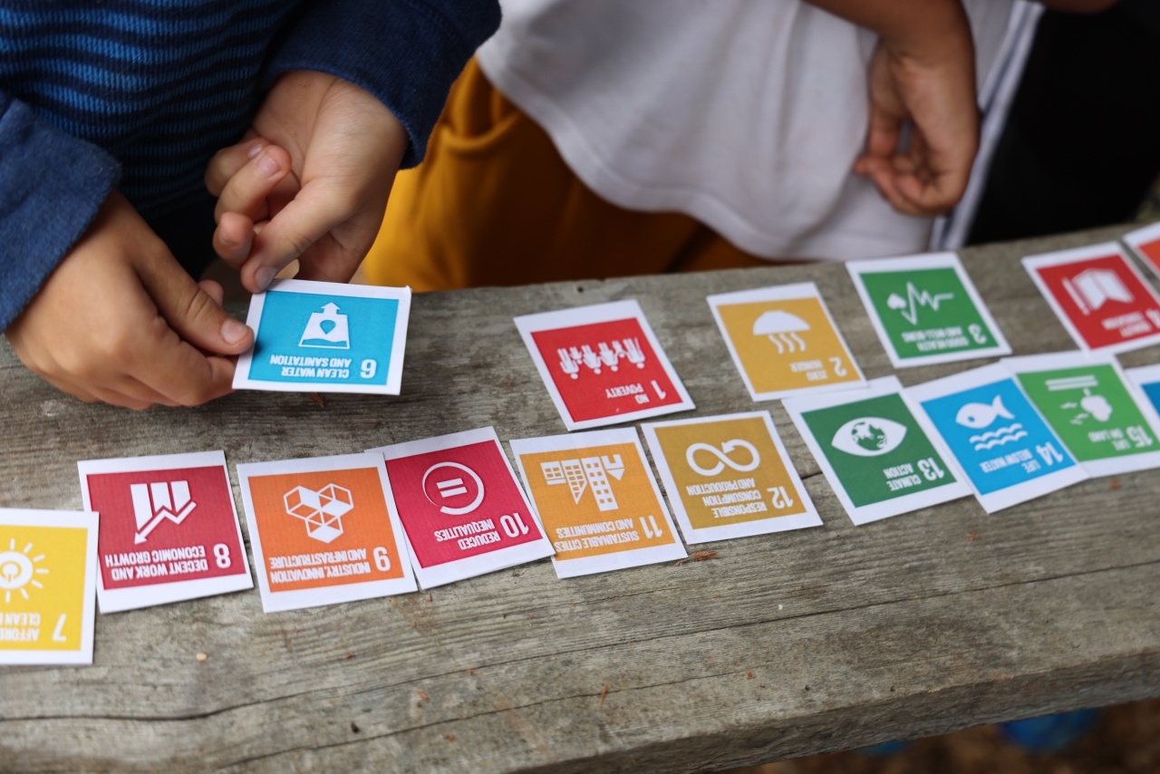 A closeup of three young children's hands organizing colorful cards depicting sustainable development goals including clean water and sanitation.