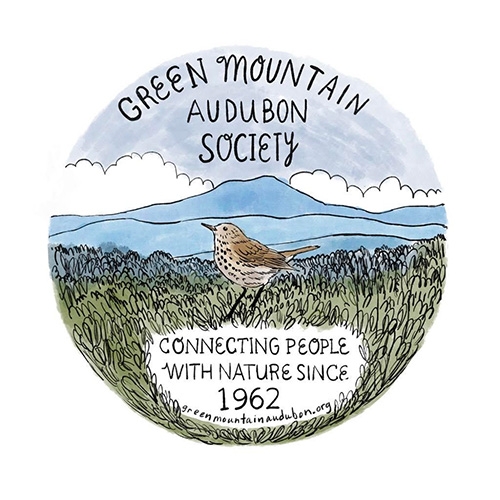 Green Mountain Audubon Society logo with illustration of a small bird in green grass in front of a mountain. Addition text reads "Connecting people with nature since 1962."