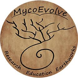MycoEvolve logo featuring the words "Research, Education, Earthworks"