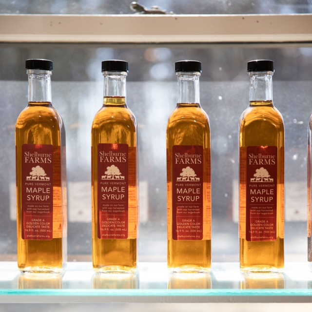 Four glass bottles filled with maple syrup arranged in a line on a bright windowsill