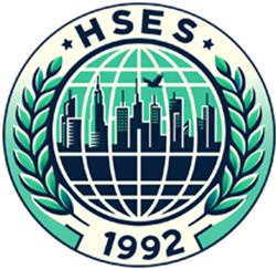 Round green, navy and cream logo reads "HSES" on top and "1992" on bottom. In the center a city skyline with a bird flying above it is superimposed on a globe. Green leaves are on both sides.