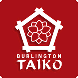 Burlington Taiko logo featuring a flower illustration and white text on a red background.